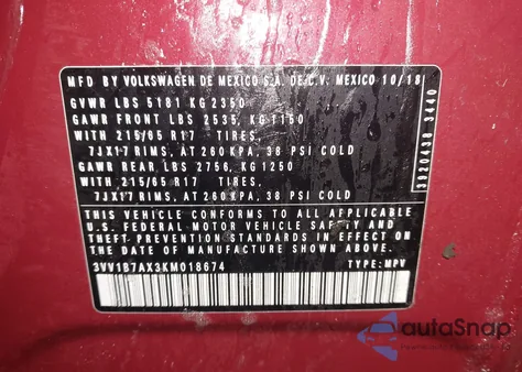 2019 Volkswagen Tiguan 2.0T S из США, поврежденный, VIN 3VV1B7AX3KM018674